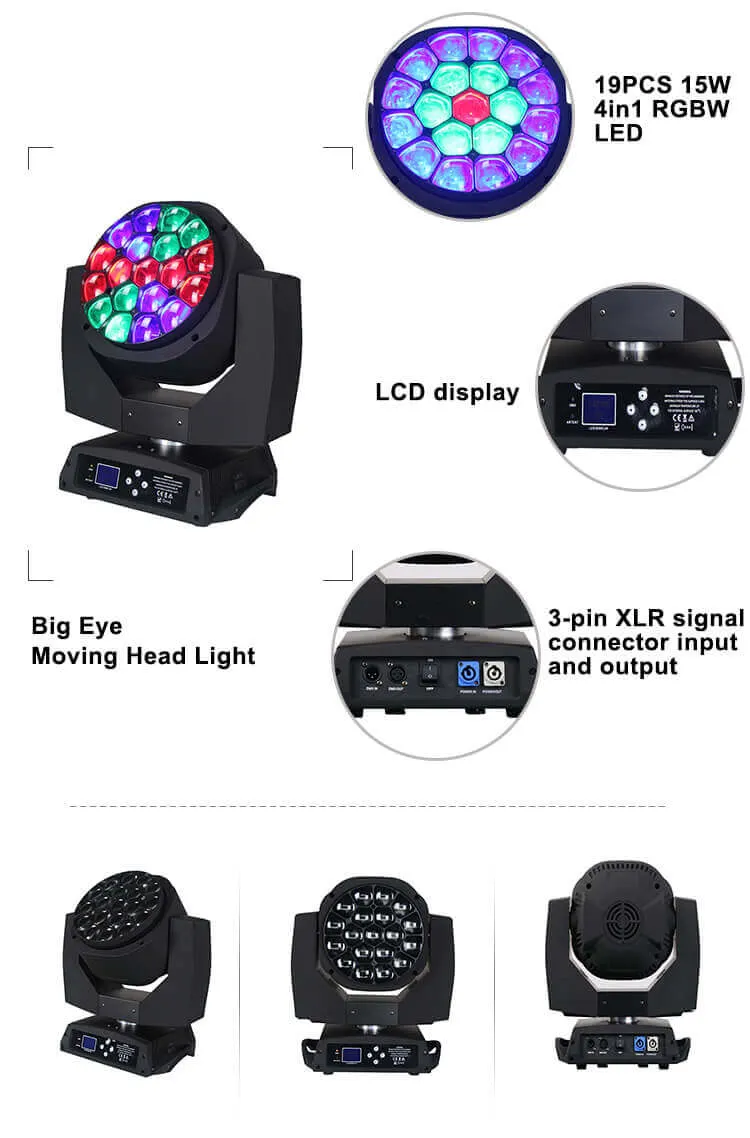 19 X 15W RGBW LED Bee Eye Zoom Wash Moving Head Stage DJ Light